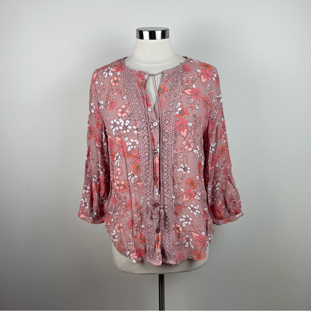 Como Vintage Pink Orange Brown Floral Boho 3/4 Sleeve Top Blouse Women Large